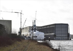 Megayacht, superyacht in a shipyard on the Kiel Canal, Kiel Canal, Schleswig-Holstein, Germany,