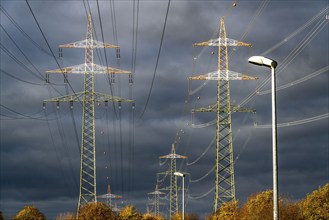 High-voltage pylons, overhead lines, with warning paint for air traffic, near Krefeld, North