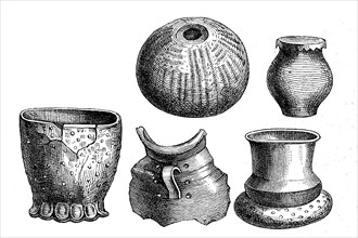 Bronze Age, clay vessels, found in Switzerland, illustration from 1890, historical, digital