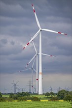 Wind farm east of Geilenkirchen, dark storm clouds, strong wind, North Rhine-Westphalia, Germany,