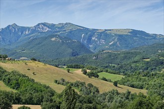 Landscape near San Ginesio in the Marche region with the mountains of the Monti Sibillini National