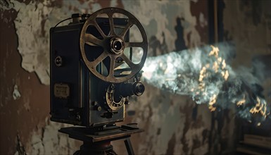 An old movie projector casting flickering images onto a cracked wall, creating a sense of vintage