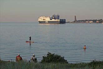 DFDS ferry, naval memorial, Laboe, front beach, Falckenstein, Kiel, Schleswig-Holstein, Germany,