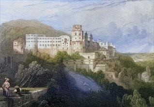 Castle, c. 1800, Heidelberg, Germany, Historical, digitally restored reproduction from a 19th