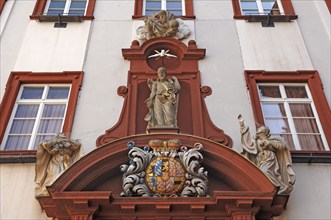 Detail of the baroque entrance portal of the Palatinate Catholic Church (founded in 1872), Richard