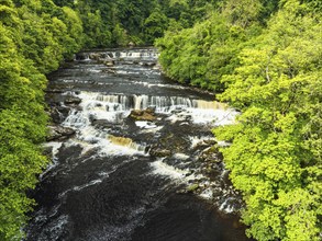 Aysgarth Falls on River Ure from a drone, Yorkshire Dales National Park, North Yorkshire, Englan