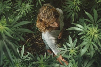 Teenager in a hemp field, surrounded by hemp leaves, cannabis, symbolic image, health risk, drug