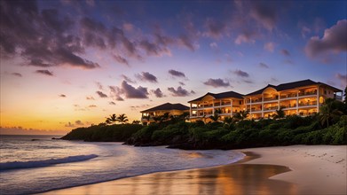 Sunrise at a caribbean coast real estate beach resort with tropical palms, AI generated