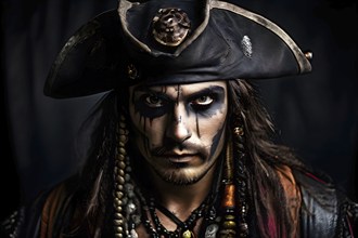 Portrait of a man artistically adorned with a halloween pirate costume and face makeup, AI