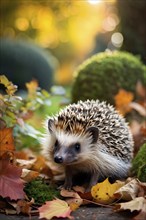 Hedgehog in garden with autumn leaves, AI generated