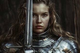 Young attractive woman in armor with sword. Generative Ai, AI generated