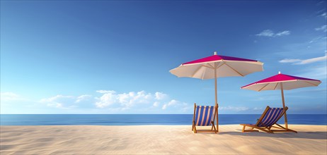 Three dimensional render of deck chair and beach umbrellas on deserted beach in summer, AI