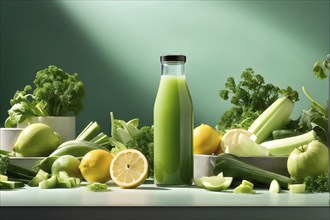 Bottle of vibrant green detox juice surrounded by green fruit and vegetables, AI generated