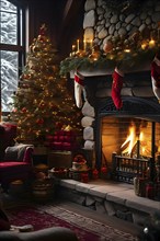 Traditional stone fireplace decorated for Christmas, with garlands, stockings, and candles, set in