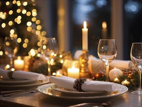 Close up of Christmas dinner table with traditional festive foods and ambient candlelight, AI