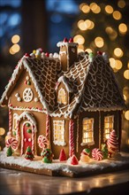 Gingerbread house decorations, focusing on the intricate icing details, colorful candy, and soft,