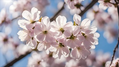 Blooming cherry blossoms with soft pink petals against a clear blue sky, with delicate sunlight