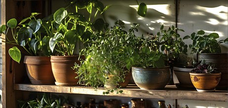 A sunlit kitchen corner, with a rustic wooden shelf holding neatly arranged ceramic bowls and a