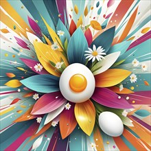 An energetic, abstract explosion of spring colors with egg and flower motifs subtly integrated,