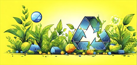 Recycling symbol morphing into growing plants and solar cells to symbolize the transformation of