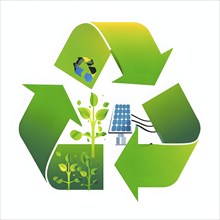 Recycling symbol morphing into growing plants and solar cells to symbolize the transformation of