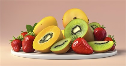 Colorful and artfully arranged slices of fruits like mangoes, strawberries, and kiwi, AI generated