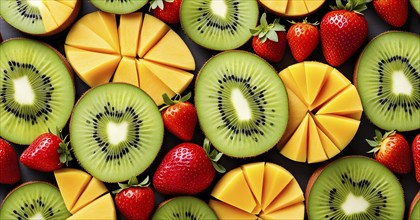 Colorful and artfully arranged slices of fruits like mangoes, strawberries, and kiwi, AI generated