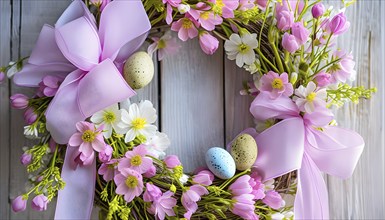 Spring wreath with pastel ribbons, speckled eggs, and blooming flowers, hanging on a wooden