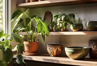 A sunlit kitchen corner, with a rustic wooden shelf holding neatly arranged ceramic bowls and a