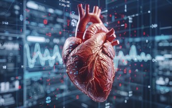 Concept of technology and innovation in health and heart research. Heart health monitoring, AI