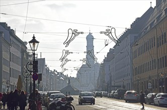 Europe, Germany, Bavaria, Swabia, Augsburg, Maximilianstraße, Christmas decoration, View to St.