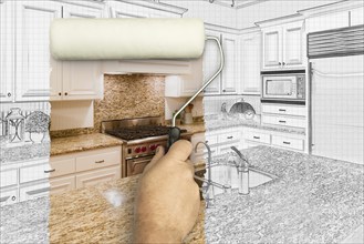 Before and after of man painting roller to reveal custom kitchen photograph under pencil sketch