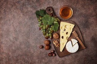 Cheese with big holes, emmental, maasdam, brie cheese, on a cutting board, with grapes and honey,