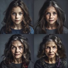 Age progression of a pretty young girl through her older years of life, generative AI, AI generated