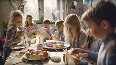 Several children decorating easter eggs at the table together, generative AI, AI generated