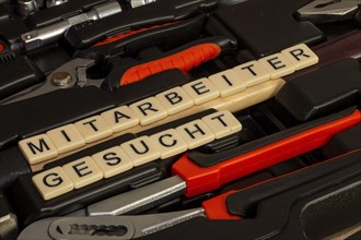 Symbol image employee search: In a toolbox, the words Employee wanted are written with letter cubes