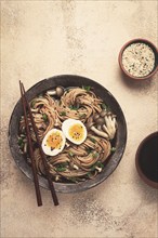 Buckwheat noodles, soba, with shimeji mushrooms, boiled egg, green onion, homemade, no people