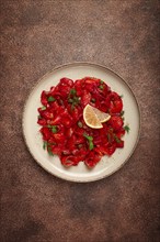 Salmon gravlax with beetroot, Scandinavian snack, beet gravlax, lightly salted fish, homemade, no