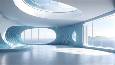 Three dimensional rendering of a futuristic empty room with skylights, AI generated