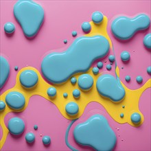 Abstract image with colorful yellow and turquoise blobs and liquid shapes on a pink background, AI