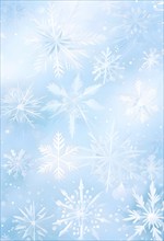 Abstract pattern of snowflakes in varying sizes and shapes in soft white and blue gradients, AI