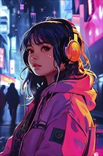 Anime style portrait of a girl with large headphones engulfing her ears, AI generated