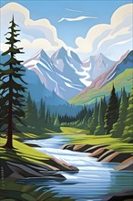 Abstract canvas illustration of a serene nature hike scenery with majestic mountains, AI generated