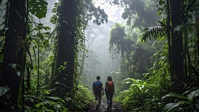 Adventurous couple hiking through dense amazon rainforest, AI generated