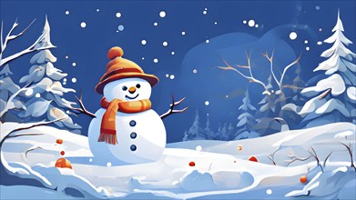 Abstract illustration of a snowman in an idyllic snowy winter landscape, hills and mountains and