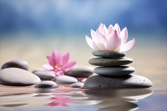 Meditation stacking stones and pink lutos flower in water. KI generiert, generiert, AI generated