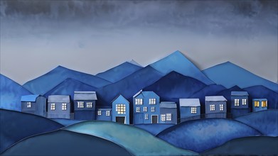 AI generated watercolor landscape featuring blue paper houses contrasting a dark grey background