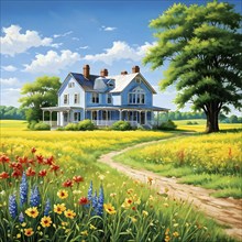 AI generated illustration of colorful countryside houses nestled in a spring or summer scenery with