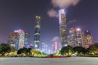 Guangzhou Canton skyline with skyscrapers city centre downtown at night in Guangzhou, China, Asia