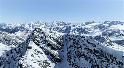 Aerial view, snow-covered mountain landscape, summit of the Madritschspitze in the Ortler group,